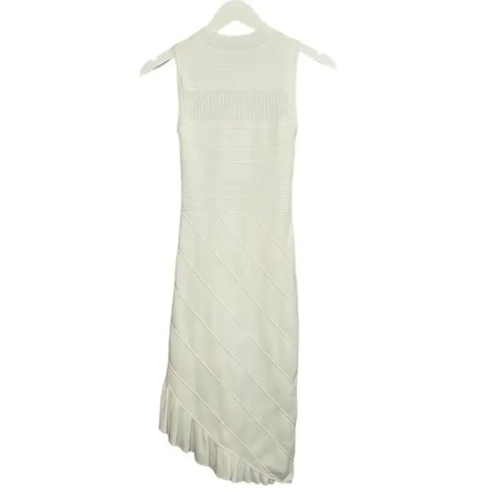 NWT Bebe White Bodycon Scalloped Neckline Mesh Ruffled Diagonal Bottom Dress XS - Picture 7 of 9